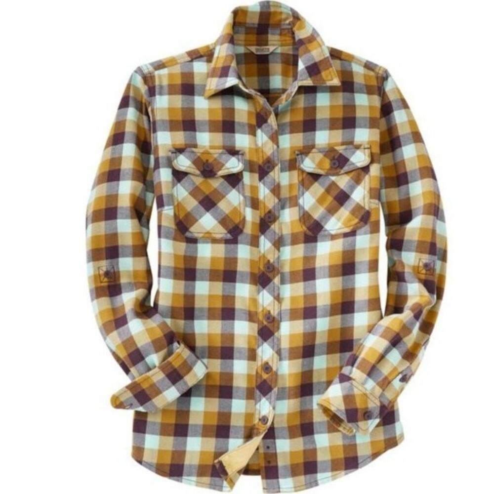 Duluth Trading Co Womens Button Up Flannel Sz XL Long Sleeve Purple Blue Yellow - Picture 2 of 10